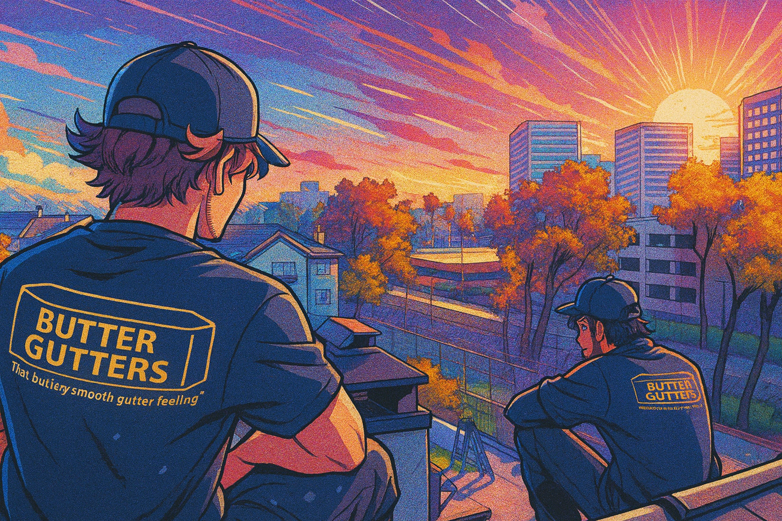 Two people overlooking a cityscape at sunset with vibrant skies.