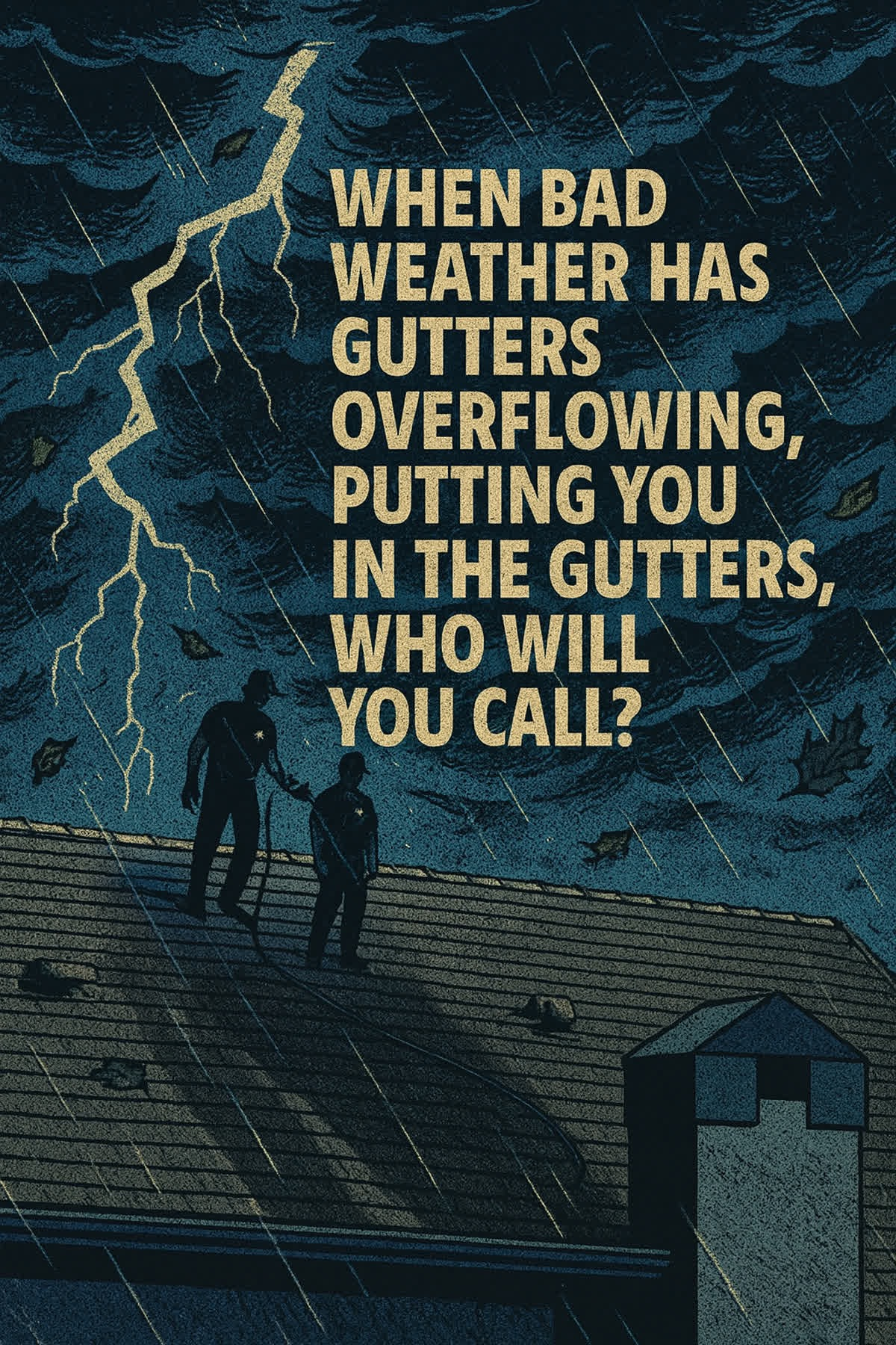 Silhouettes on a roof with stormy skies and a lightning bolt, emphasizing gutter overflow.