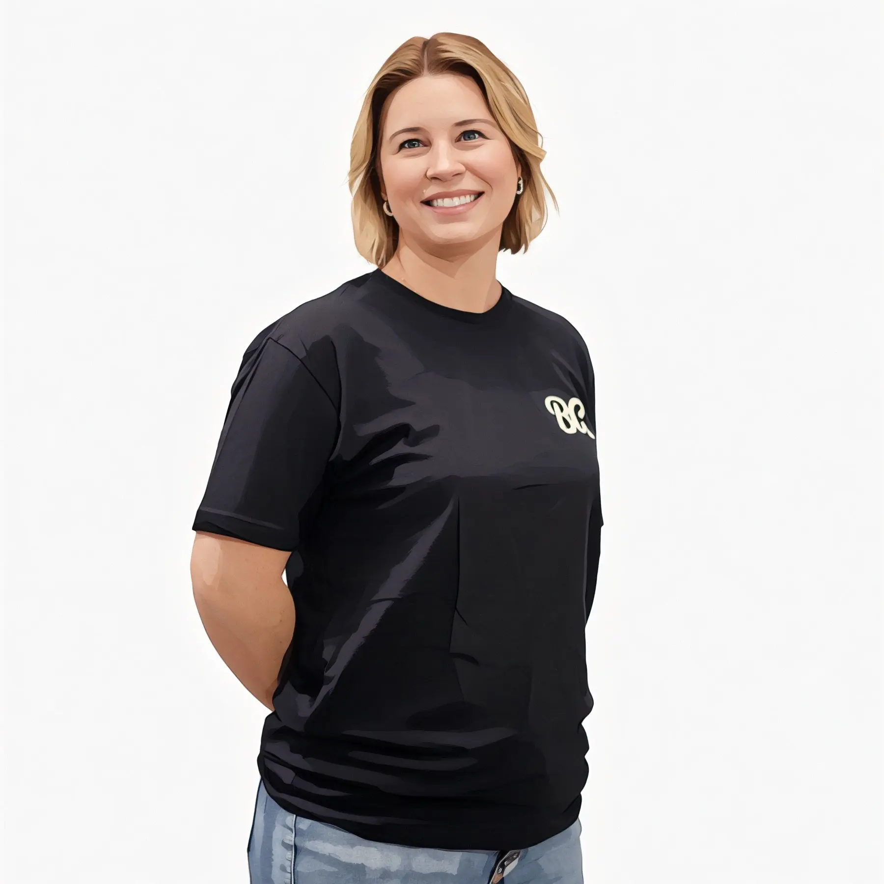 Smiling woman in a black t-shirt standing against a white background.