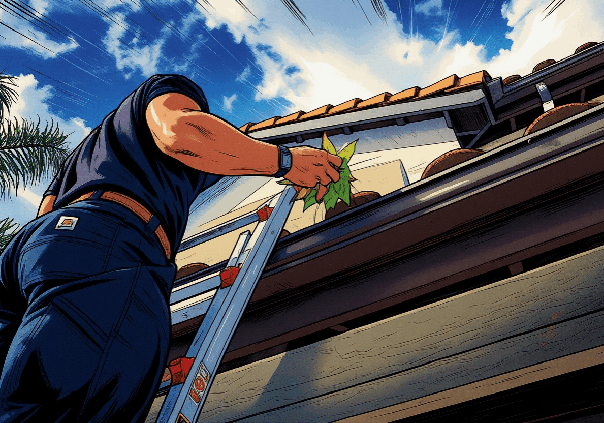 Person cleaning house gutters using a ladder.