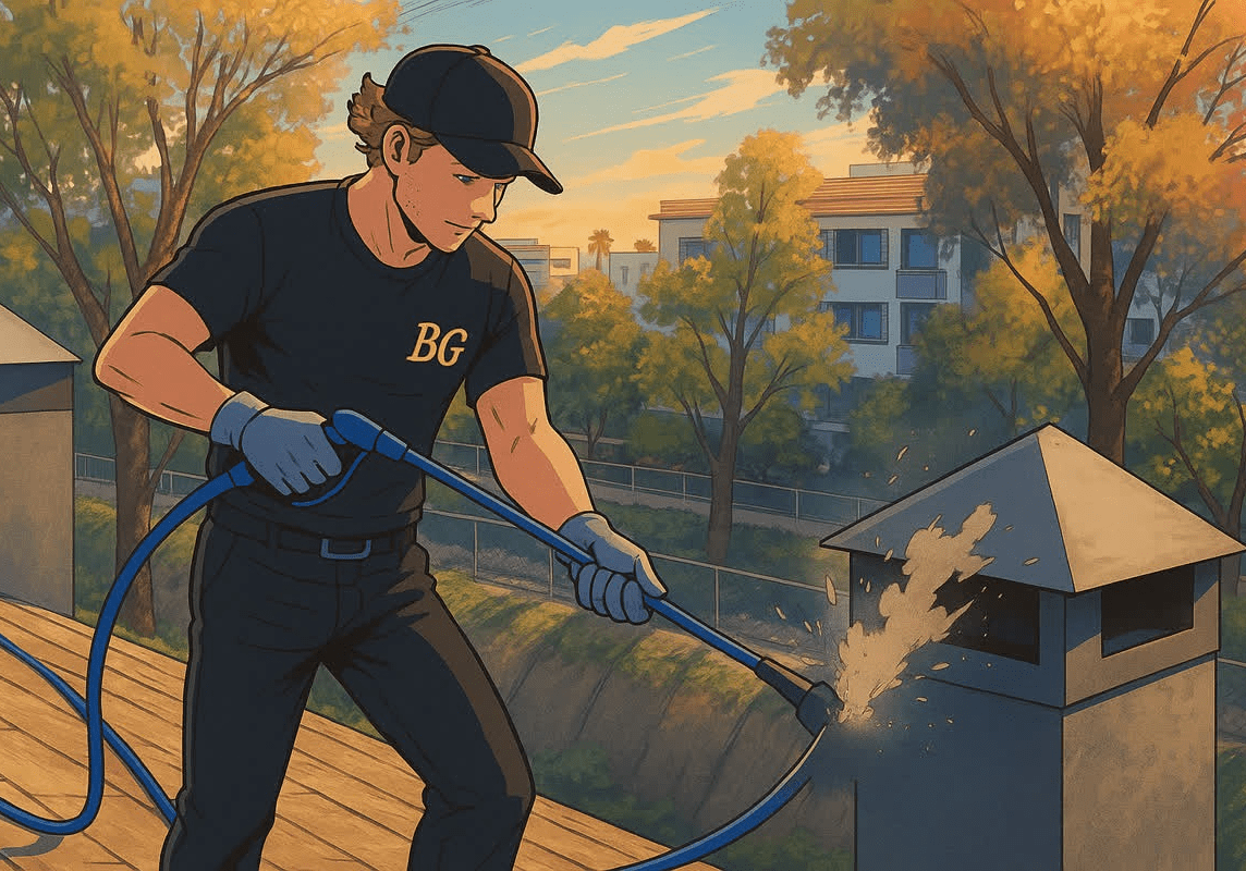 Man cleaning chimney with a power washer on a rooftop.