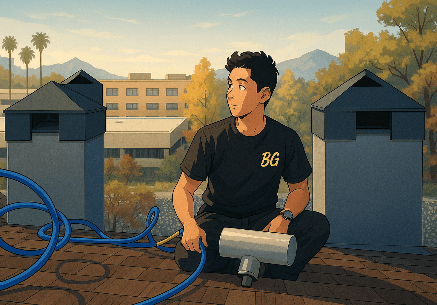 A man on a rooftop holding a power tool during sunset.