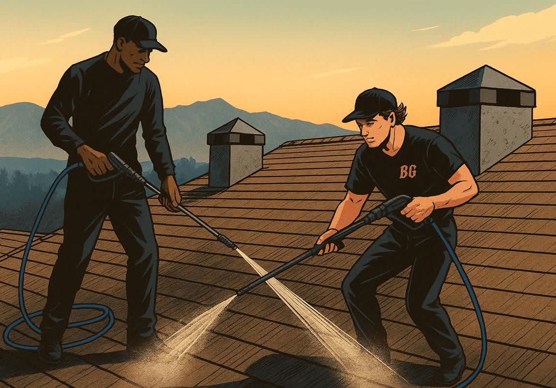 Two roof workers cleaning with pressure washers at sunset.