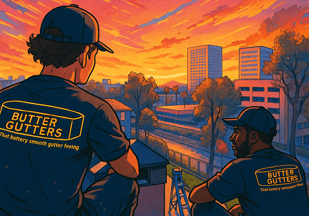 Two people sit on a rooftop watching a vibrant sunset over a cityscape.